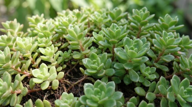 Close up of a lush green sedum plant with small leaves and a shallow depth of field.