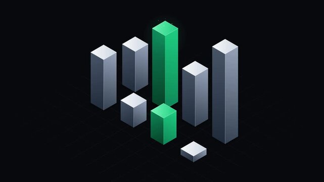 Isometric 3d bar chart animation showing financial growth on black