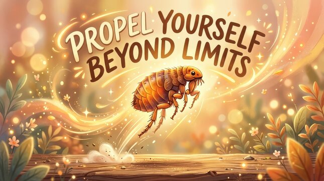 A small flea propels itself beyond limits with glowing energy and sparkles, symbolizing motivation, ambition, and overcoming challenges.