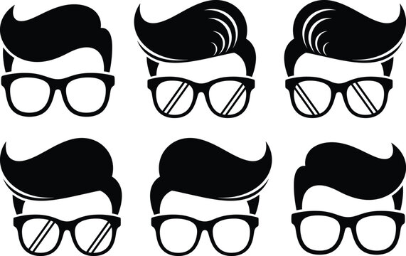 Collection of six black silhouettes flat vector of men with pompadour hairstyles and eyeglasses, isolated on a white background.