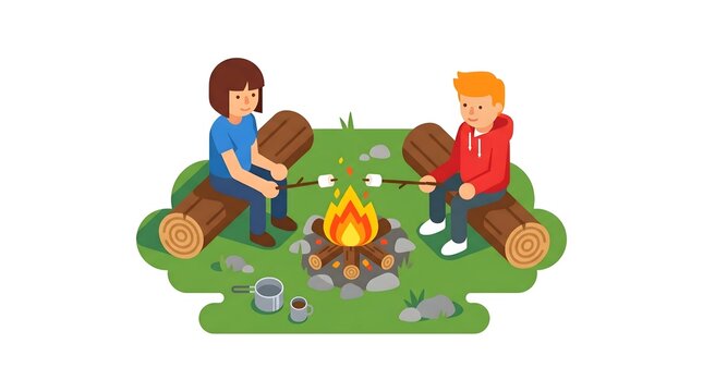 Roasting marshmallows vector with couple camping around a campfire