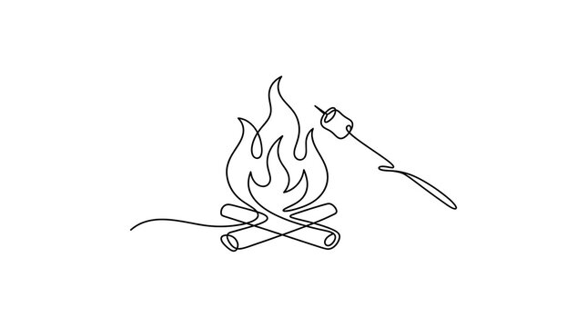 Roasting marshmallows vector illustration of campfire line art