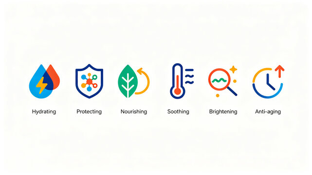 Simple line skin care efficacy icon represents moisturizing, protection, nourishing, anti-aging and soothing, which is applicable to skin care product details and brand promotion materials.
