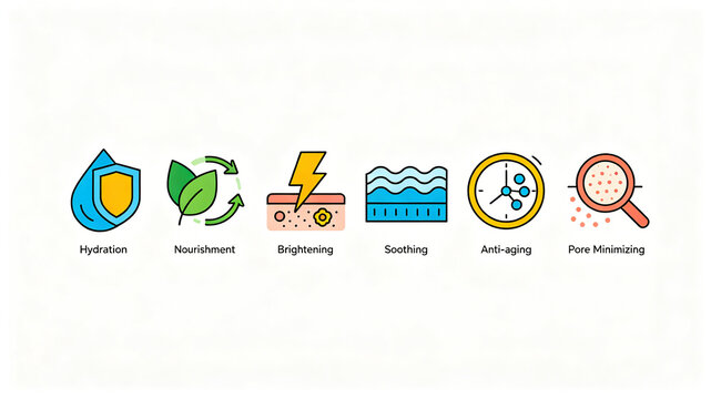 The vector icon group of skin care functions represents the concept of nourishing and brightening anti-aging pores, which is applicable to the poster of skin care products and e-commerce detail design
