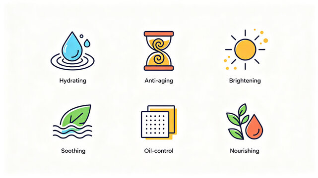 The collection of skin care efficacy icons represents the concept of moisturizing, anti aging, brightening, oil controlling and soothing, and is applicable to beauty tweets and product details pages.
