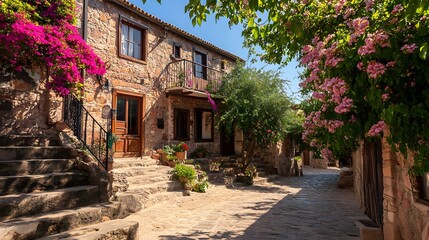 Obraz premium Old stone house with a traditional wooden door and blooming bougainvillea flowers along a narrow cobblestone pathway in a sunny mediterranean village street during a warm summer afternoon session