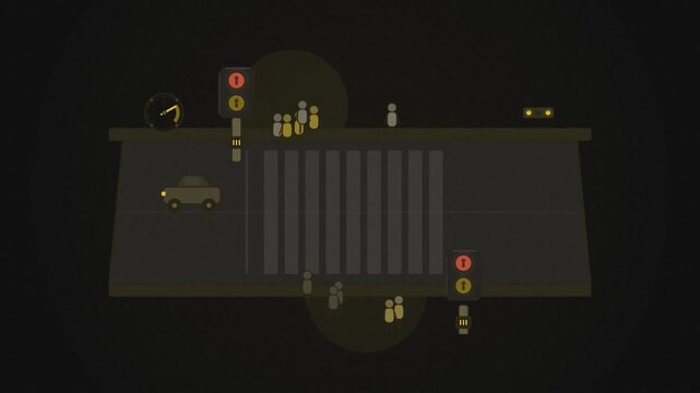 Abstract animated pedestrian crossing platoon drawn as yellow and gold lines and shapes on a deep dark background. Seamless looping 4K motion graphics video with free space for text, ideal for industr