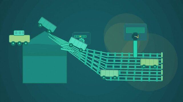 Abstract animated hump yard shunting drawn as cyan and teal lines and shapes on a deep dark background. Seamless looping 4K motion graphics video with free space for text, ideal for industry explainer