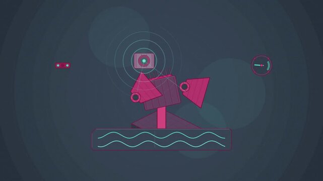 Abstract animated interaural delay localisation drawn as blue and cyan lines and shapes on a deep dark background. Seamless looping 4K motion graphics video with free space for text, ideal for science