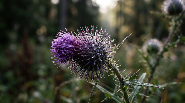 Macro Photo of Purple Thistle with Dew Drops on Sharp Spines Morning Forest Wildflower Backdrop