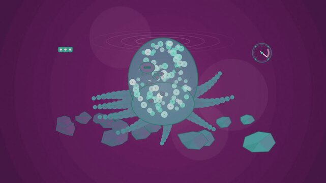 Abstract animated octopus chromatophore camouflage drawn as violet and blue lines and shapes on a deep dark background. Seamless looping 4K motion graphics video with free space for text, ideal for sc