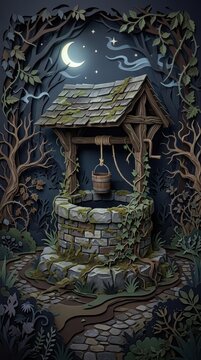 Enchanted well with wooden roof under moonlit forest scene paper cut art