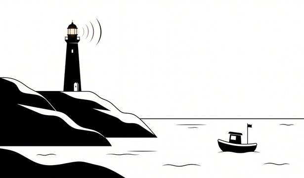 Minimalist Lighthouse and Fishing Boat Maritime Night Scene Vector Illustration