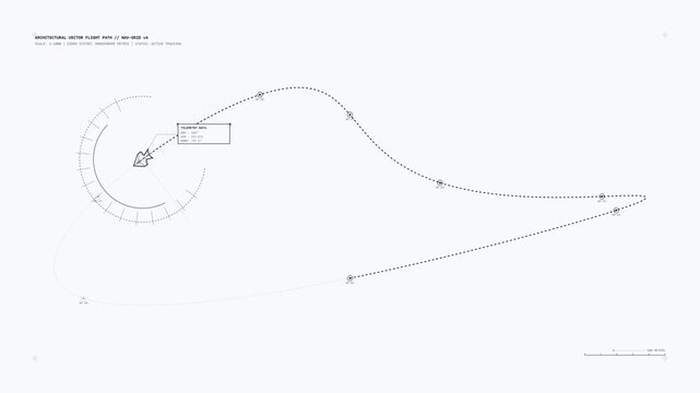 Minimalist flight path trajectory animation with digital hud interface