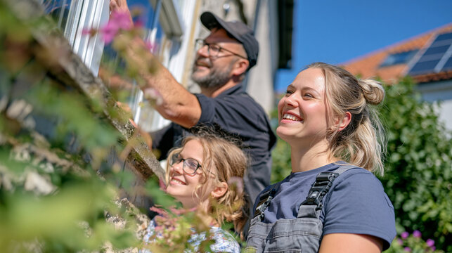 A window fitter assists an elderly grandmother and her granddaughter in choosing heritage sash window glazing for their modest terraced home, the intergenerational moment capturing traditional archi