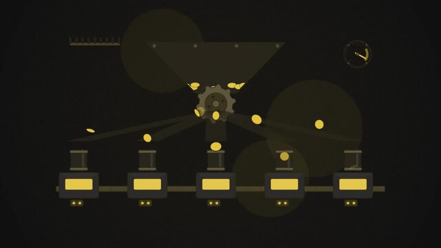 Abstract animated payroll run distribution drawn as yellow and gold lines and shapes on a deep dark background. Seamless looping 4K motion graphics video with free space for text, ideal for business p