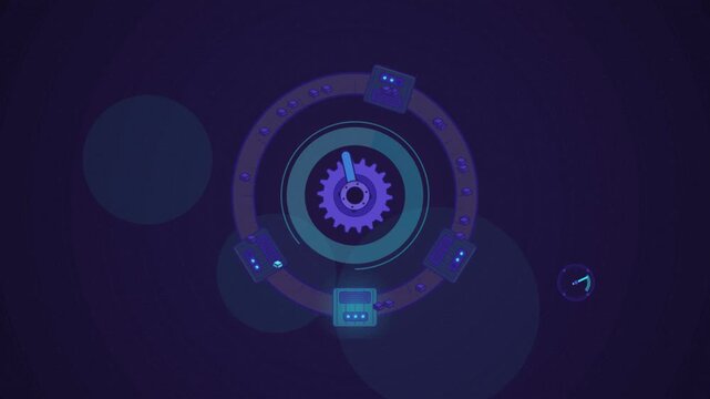 Abstract animated consistent hash ring drawn as blue and cyan lines and shapes on a deep dark background. Seamless looping 4K motion graphics video with free space for text, ideal for technology expla