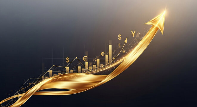 A shimmering golden arrow surges upward through a complex financial landscape representing rapid market growth and prosperous investment opportunities during a period of significant global