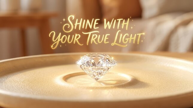 A sparkling faceted diamond gemstone on a golden platter, with luminous text "SHINE WITH YOUR TRUE LIGHT" in the background