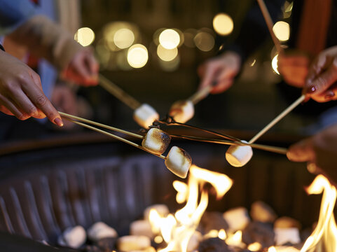 Roasting marshmallows on wooden skewers over a metal fire pit. Friends gathering around a campfire at night with blurred bokeh lights