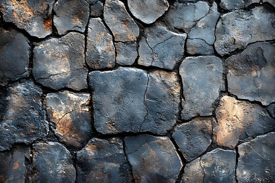 Rough textured dark stone wall background with irregular dark grey and brown block shapes
