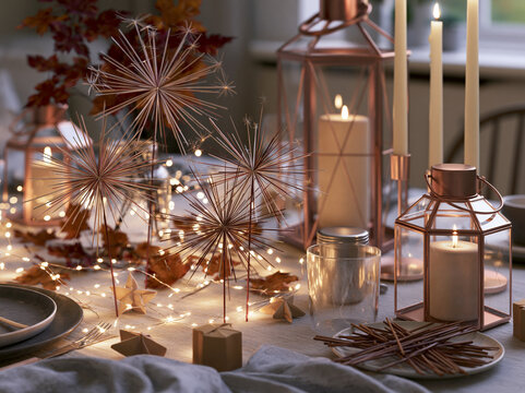 Elegant autumn dining table setting with lit candles and copper lanterns. Festive dinner party decoration with fairy lights and starburst ornaments. Cozy home celebration