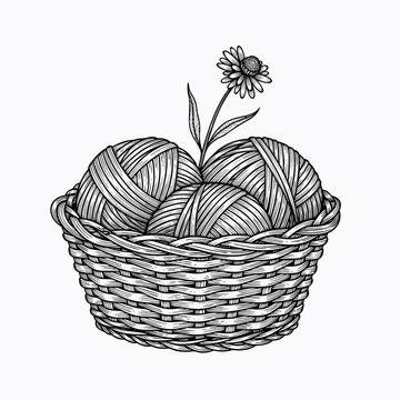 Black and white vector illustration of a woven basket filled with yarn balls and a single flower, cozy handicraft design element