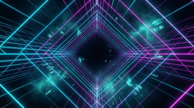 Abstract digital tunnel with glowing neon diamond shapes and futuristic light streaks in dark blue background