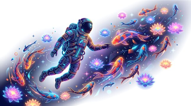 Surreal cosmic astronaut with neon koi fish dreamer vector