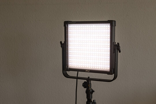Bright LED spotlight for photo and video shoots. Technology, illumination, electricity, Light equipment for movie production, photo shooting.