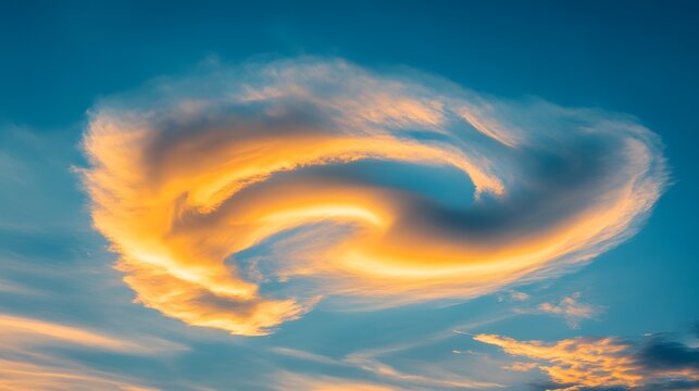 Sunset sky showcasing a golden swirling cloud formation that mimics the shape of a massive wave rolling through the atmosphere during the late afternoon hours as natural light reflects upon the