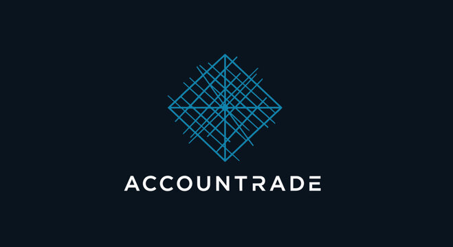 Abstract geometric logo with lines and text ACCOUNTTRADE on dark background
