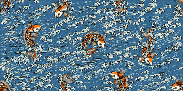 A koi carp coy fish seamlessly tiling background pattern. An original illustration in a vintage Japanese painting art style.