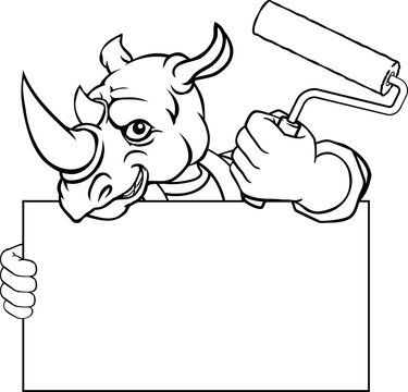 A rhino painter decorator handyman cartoon construction man mascot character holding a paint roller tool
