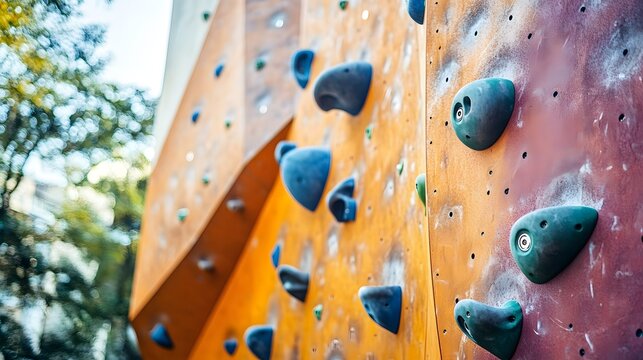 Athletes use artificial rock climbing wall structures with colorful hand grips for practice sessions to improve strength and endurance during intense physical training in an outdoor recreational