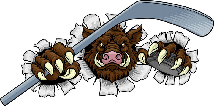 A wild boar, hog razorback warthog pig hockey sports cartoon mascot 