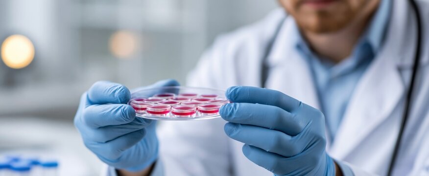 Medical professional examining biopsy samples for early cancer screening in a clinical laboratory setting.