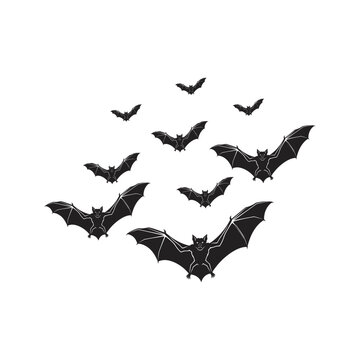 Solid black vector silhouette of a wide-winged vampire bat flying forward, flat style.