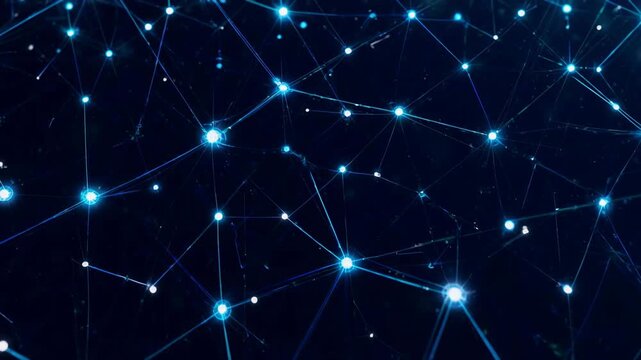 Abstract network nodes glowing with blue light in dark space with copy space for text