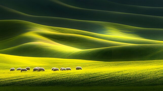Small herd of sheep grazing peacefully upon the soft rolling hills of green agricultural pasture land during a sunny afternoon with gentle shadows stretching across the grassy meadow landscape