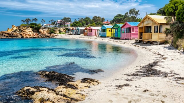 Vibrant colorful wooden beach cabins line the tranquil sandy coastline under a bright summer sky as crystal clear turquoise ocean water gently laps against the rocky shore in this coastal
