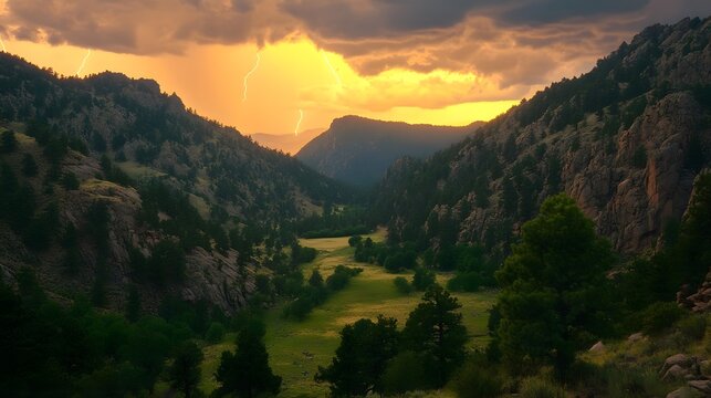 Dramatic thunder storm rolling through a narrow mountain valley at golden hour as heavy rain clouds gather above the rugged peaks creating an intense atmospheric scene in the vast wilderness