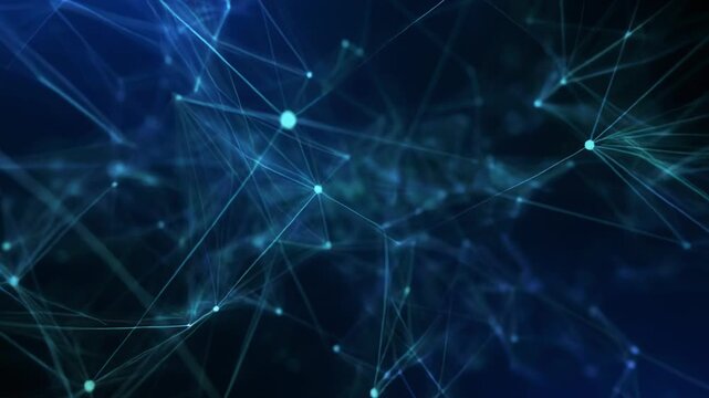Abstract network of glowing blue particles connecting in a dark cosmic nebula with subtle light flares