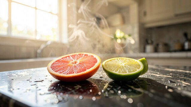 Fresh Citrus Flat Lay on Marble with Water Droplets