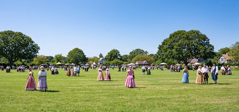 Colorful medieval reenactors gathered on a green meadow during a lively outdoor festival under a clear sky.