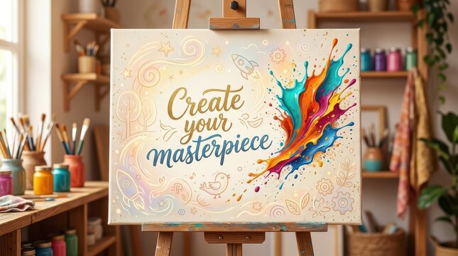 Artistic creation concept: A painting on an easel with 'Create Your Masterpiece' text and colorful paint splatters in a studio setting.