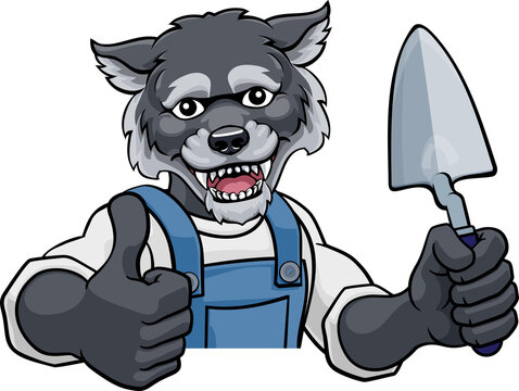 A wolf bricklayer builder construction worker mascot cartoon character holding a trowel tool and peeking around a sign and giving a thumbs up