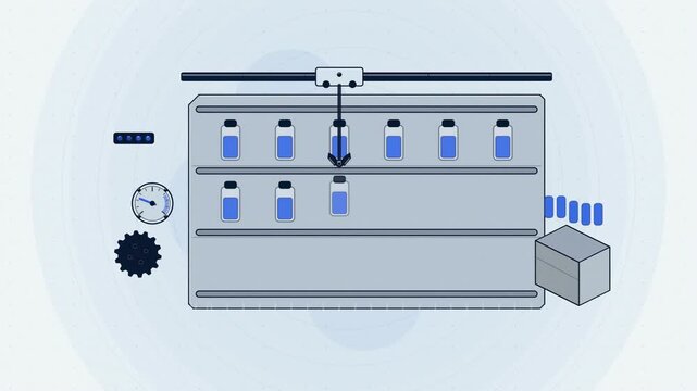 Abstract animated pharmacy inventory restock drawn as blue and cyan lines and shapes on a bright, clean light background. Seamless looping 4K motion graphics video with free space for text, ideal for 