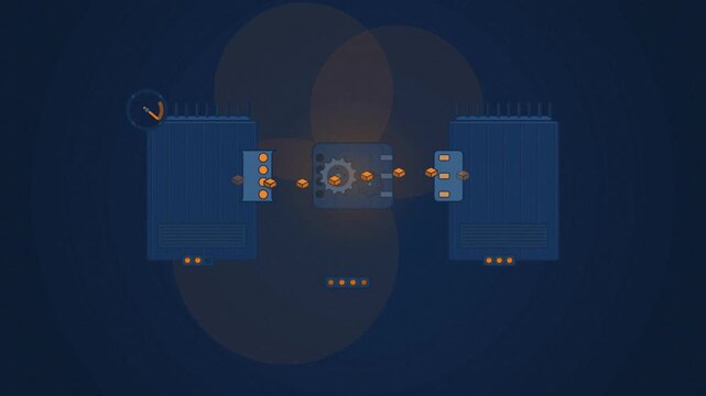 Abstract animated records interoperability adapter drawn as blue and cyan lines and shapes on a deep dark background. Seamless looping 4K motion graphics video with free space for text, ideal for heal