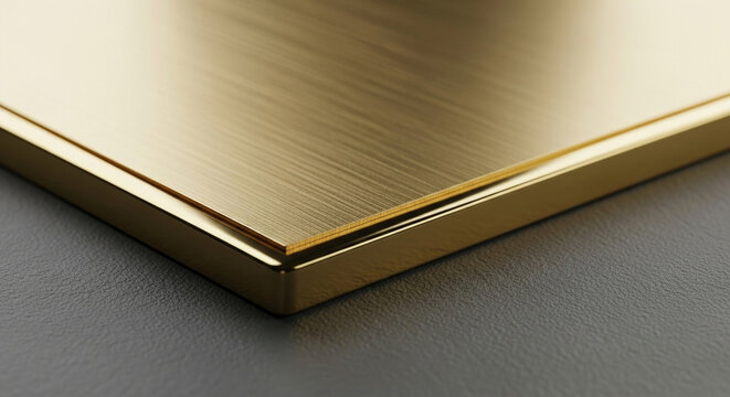A brushed golden metal plate reflects soft light while resting on a dark surface to create a premium appearance that highlights the rich texture and industrial quality of this high grade